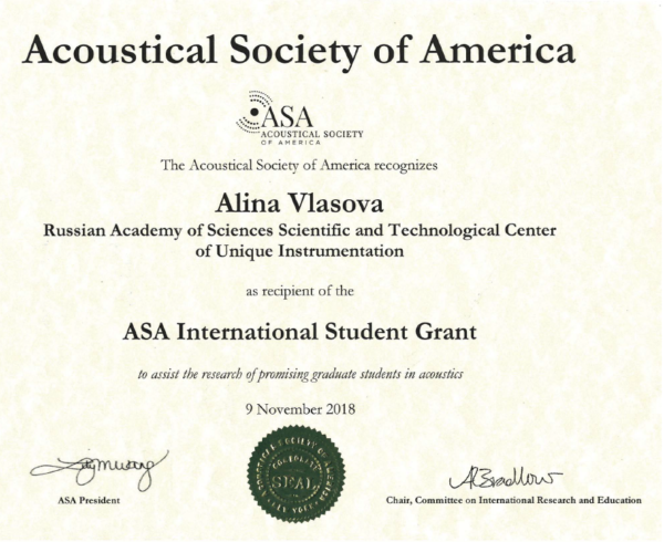 The Acoustical Society of America recognizes Alina Vlasova