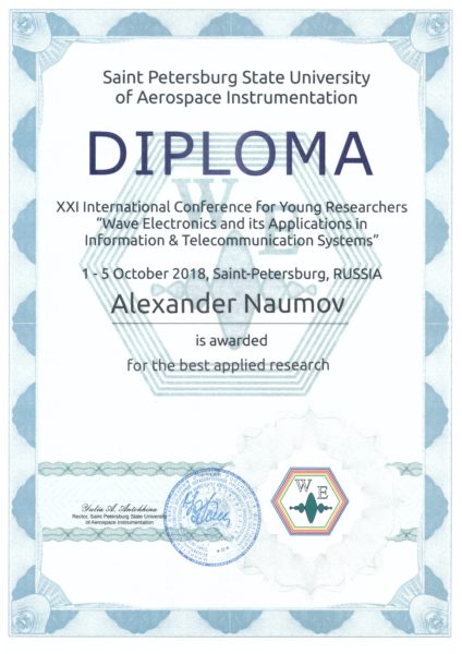 Diploma XXI International Conference for Young Researchers 'Wave Electronics its Applications in Information & Telecomunication Systems'